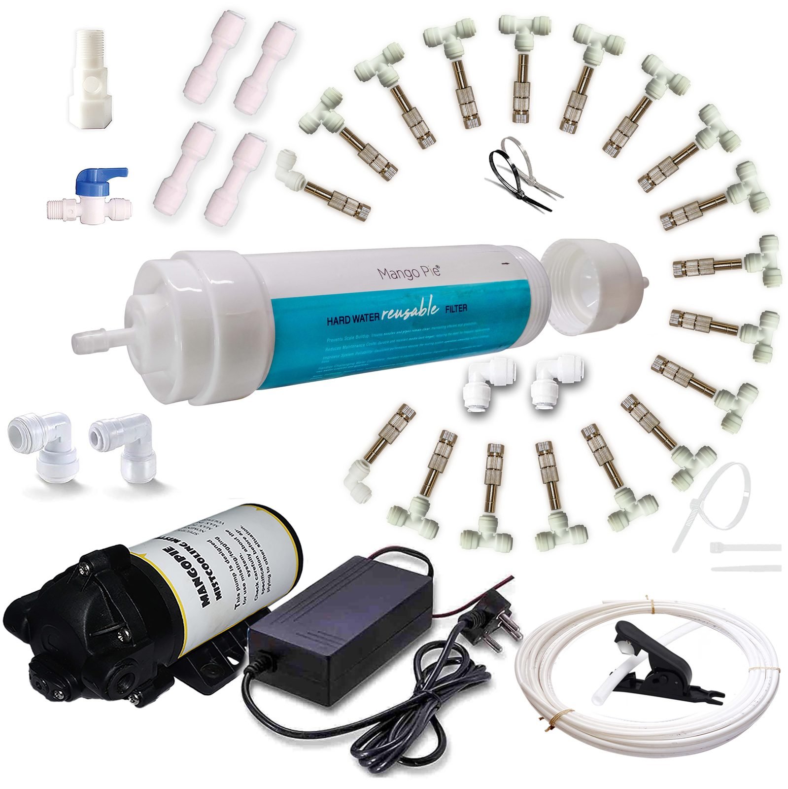 MANGOPIE 18-Nozzle Mist Cooling Misting System with Hard Water Reusable Filter & 150 PSI 150 GPD Pump 25 Mt Tubing 6-Month Warranty