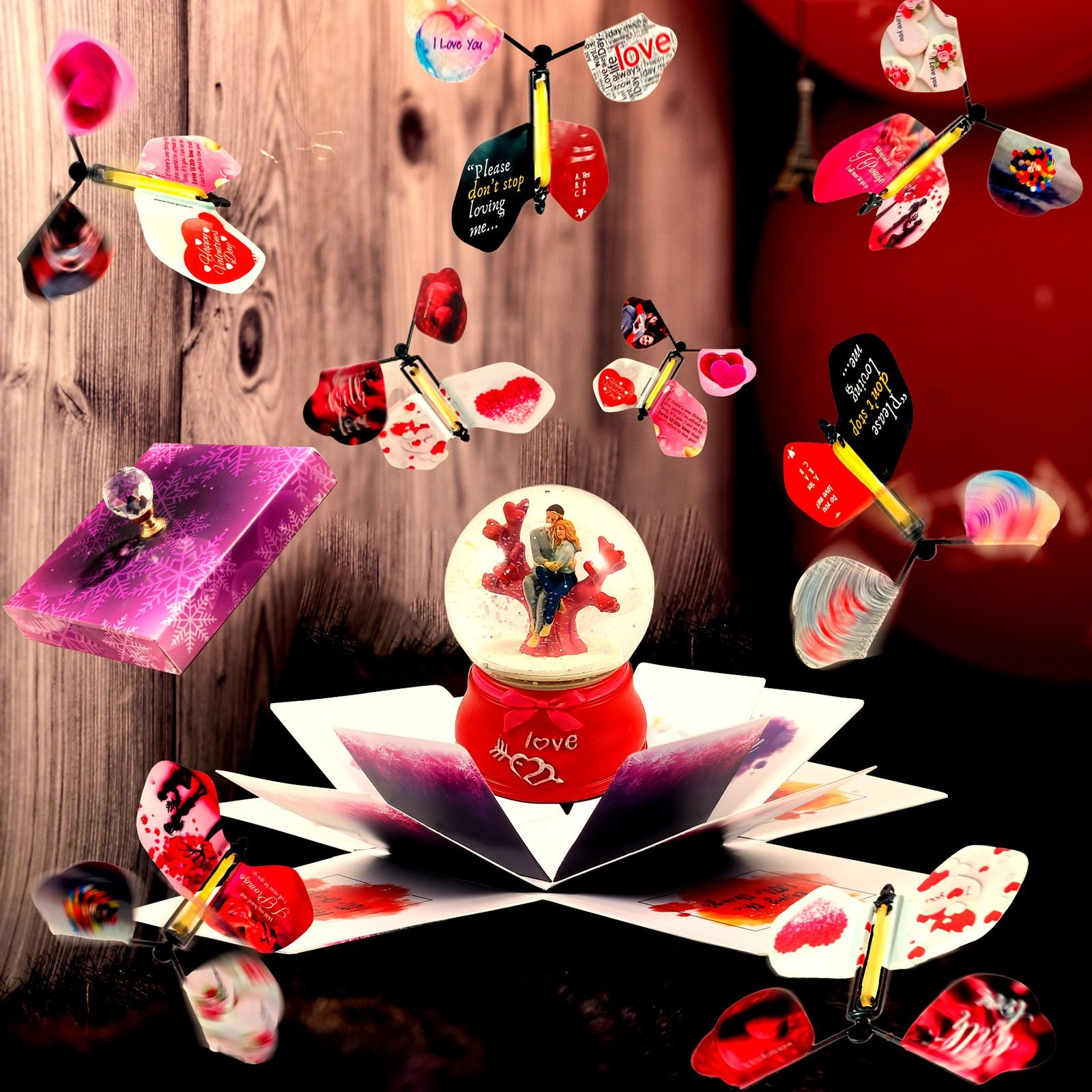 MANGO PIE Butterfly Explosion Box for Happy Anniversary with Musical Rotating Couple Snow Globe