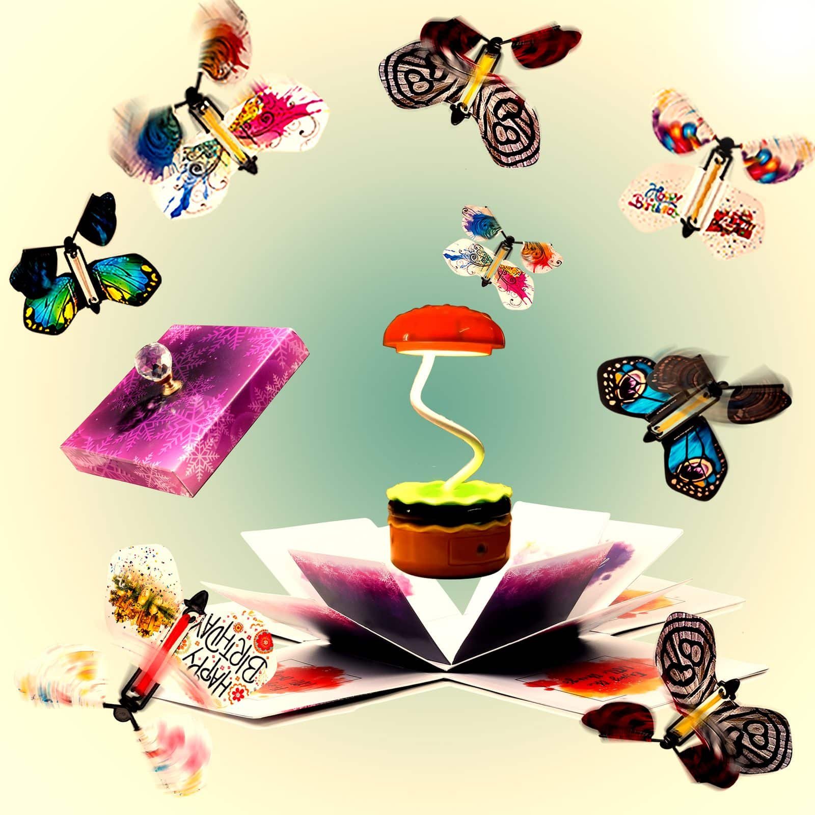 MANGO PIE Exploding Flying Butterfly Purple Colour Box with 8 Pcs Butterfly, Birthday Burger Lamp Multi